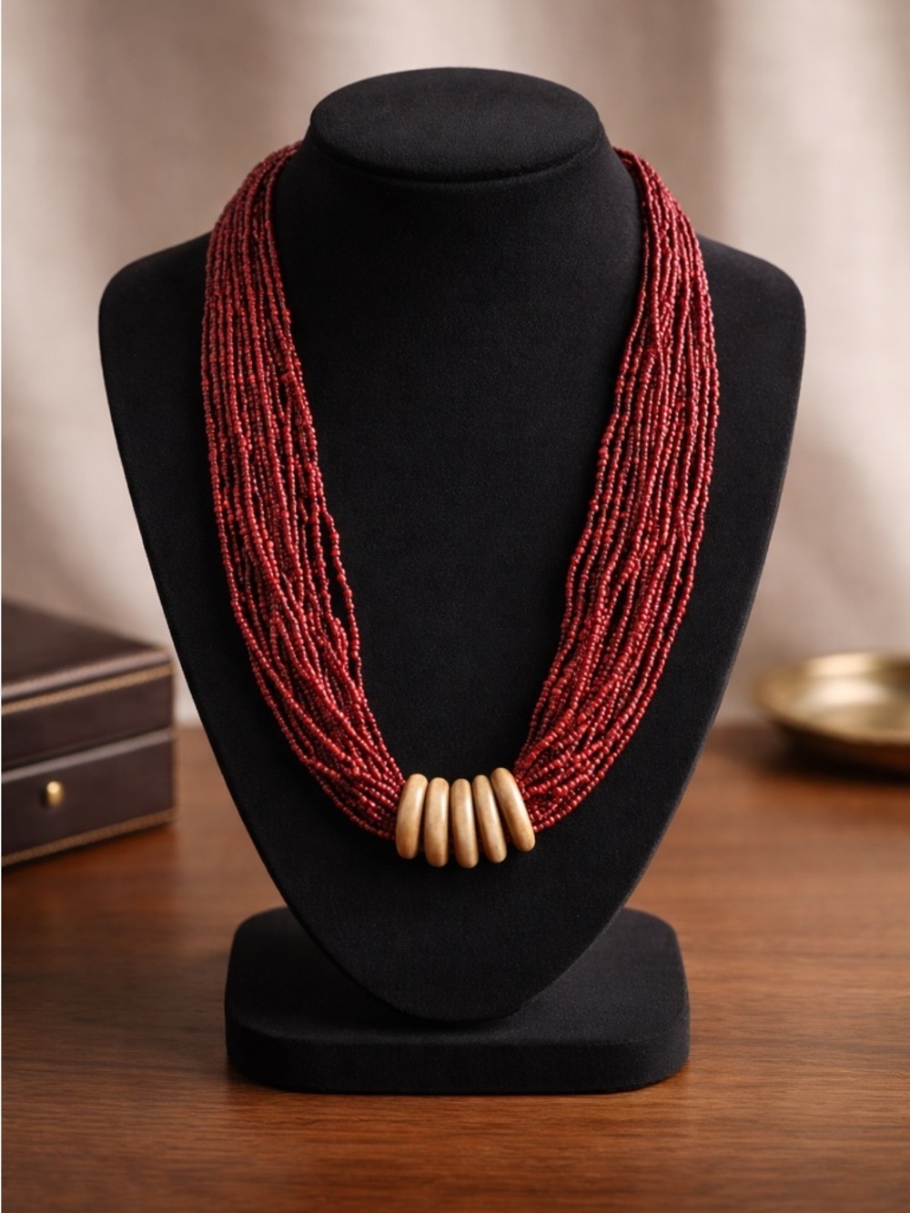 EUC Multi Strand Micro Bead Necklace with Wood Rings accent - 20” Red Maroon